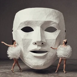 pinhole photo of dancers made from cotton candy  in big geometric MASKS, smudge, lo fi, mix, texture