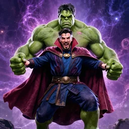 photograph of the hulk wearing doctor strange's cape, straining his muscles, on a background full of magic, photography, dramatic, cinematic