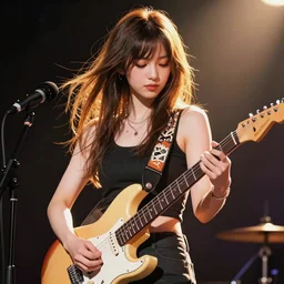 rockstar girl playing electric guitar on stage. by amano yoshitaka, digital art, digital painting, illustration, artstation trending