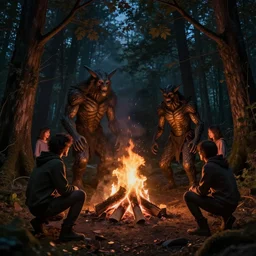Gathering of cryptids in a forest at night, bonfire, creepy, shadows, trending on artstation