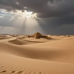 a wide desertic matte painting landscape with ancient temple buried in the sun. big sand dunes. dramatic sky with storm clouds and sunrays by goya. eerie lighting. photorealistic. artstation. hd.
