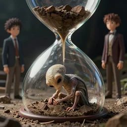 a sad alien mammal humanoid slow my being buried in a giant hourglass, craig mullins and katsuhiro otamo, sharp details, intricate, rim lighting, award - winning, vfx