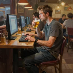 a realistic hyperdetailed digital oil full body portrait painting of a man playing on a computer, sitting at a restaurant, beer in hand, in the style of guy denning, ruan jia, and craig mullins. trending on artstation and deviantart. cgsociety digital art.