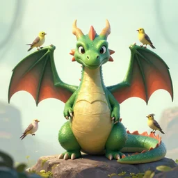 friendly dragon with birds perched on it.