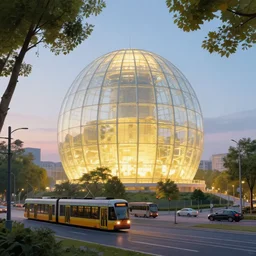 a glowing glass sci - fi nuclear containment building in a pleasant urban setting with trams and trees and cars by a. j. casson and eric fraser and edwin la dell, sense of hope