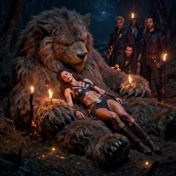 portrait of Denise Richards as a muscled warrior heroine taking a nap on her giant fuzzy beast, torches and fireflies, mystical dark eerie night, Donato Giancola, WLOP, Artgerm, Mark Keathley, Victor Nizovtsev, Carlos Shwabe, Ross Tran, WLOP