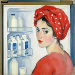 refrigerator with milk cartons, in the style of red madras headdress le madras rouge 1 9 0 7, by henri matisse.