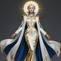 photoshot detailed beautiful noun in opened white gold blue coat, seductive confident pose, attractive feminine curves, intricate details, futuristic, alien, elegant cape, elegant, photorealism, trending on artstation, sharp, holy halo, advanced technology, art by moebius and vitaly bulgarov and chanthara