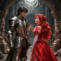 Photorealistic Disney, the armored male knight with dark hair beside the beautiful young princess with wavy red hair, both exploring a deadly dungeon, dramatic composition, strong lighting, distant shot, trending on pixiv