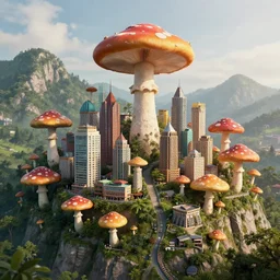 city on a mountain, buildings in the form of mushrooms, time - lapse, unreal engine, octane render, hyper detailed