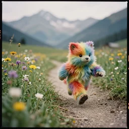 kodak portra 4 0 0, wetplate, muted colours, action photography, 1 9 2 0 s, long shot, macro photo of a rainbow cute furry monster running very fast across a trampled path near by beautiful flower meadow in the alps, mountain panorama, motion blur, tiny gaussian blur, depth of field