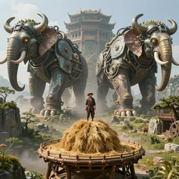 an intricate concept illustration, fantasy, asian farmer on a platform, haystack, mechanical large biomes, megafauna, ultra photorealistic, ultra sharp, artstation, cgsociety, masterpiece, by wlop, octane render, cinematic lighting, 8 k