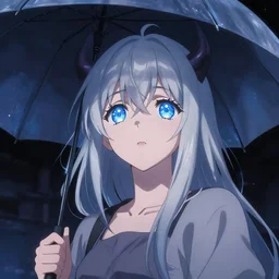 a japanese girl with silver hair and blue eyes and demon wings holding an umbrella at night, shot from below, sparkling eyes, illustration by Yoji Shinkawa