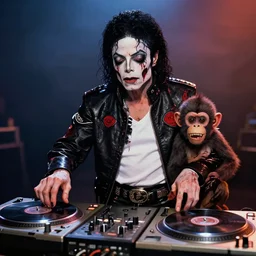 Zombie Michael Jackson with his zombie monkey DJing with DJ turntables, photoreal