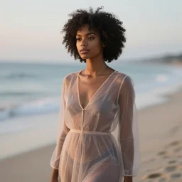 black girl, short curly hair, wearing a sheer dress, on the beach, dreamlike