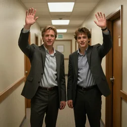 the twins from the shining in the hallway waving to danny torrance 4 k photorealism