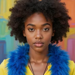 portrait of beautiful young black woman with afro, wearing yellow top with blue fur and necklace, soft face, precise colors, sexy lips, summer lighting, highly detailed face shot, big brown eyes, colorful background oil and acrylic painting on canvas
