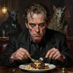matte painting character illustration of a beat up john constantine going to lunch at a dive bar in london, digital painting, illustration, constantine, john singer sargent, magical creatures in the background, amazing values, 8 k, gothic, realistic face details, symmetrical face details, realistically rendered face, photorealistic eyes, moody lighting, octane render