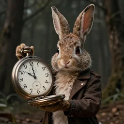 of frank the rabbit from donnie darko the movie, holding out a giant pocket watch, 8 k resolution, hyperdetailed, surrealism