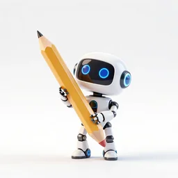 3 d render of a cute robot holding a thick long pencil : : empty white background ~ logo ~
