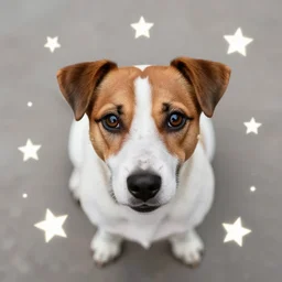portrait of jack russel dog, birds eye view, surrounded by stars, at night time, stars, illustrated by peggy fortnum and beatrix potter and wayne barlow