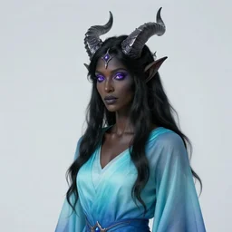 portrait of black necromancer tiefling with jeweled horns, violet eyes, black long hairs, a dress gradiant cyan to blue, dreamy and ethereal, golden ratio, peaceful expression, ornate frilly dress, intricate, elegant, dark fantasy, highly detailed, digital painting, artstation, concept art, smooth, b sharp focus, illustration, art by artgerm and greg rutkowski and alphonse mucha
