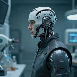 a laboratory operator man with cybernetic enhancements seen from a distance, scifi character portrait by greg rutkowski, craig mullins, 1 / 4 headshot, cinematic lighting, dystopian scifi outfit, profile picture, mechanical, cyborg, half robot