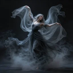 professional concept art ethereal ghostlike valkyrie figure fluid simulation in houdini dancing in dark smoke robes and silk veils by ilm, paolo roversi, nick knight, amy judd, beautiful simplified form distorted by turbulent movement, dark studio background, vivid, romantic, trending on artstation, hyperrealism, matte painting, dutch golden age, fine detail, cgsociety