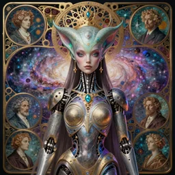 detailed realistic beautiful young cher alien robot as queen of andromeda galaxy portrait by zdzisław beksinski, iris van herpen, jean delville, gustave dore and marco mazzoni, art nouveau, symbolist, visionary, baroque, giant fractal details. horizontal symmetry by raymond swanland and alphonse mucha. highly detailed, hyper - real, beautiful