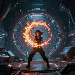 a girl like yoona, casting fire spell, background cyberpunk spaceship, full shot, photo, geometries, Fibonacci volumetric lighting, epic composition, intricate details, dark neon punk, by denis villeneuve