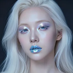 beautiful portrait of a woman with holographic light makeup, glitched lipstick, porcelain hair, in the style of steven meisel, detailed