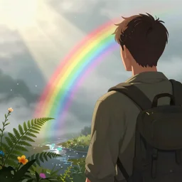 an adventurer, back view, close up, beautiful, atmosphere, vibe, mist, rainbow, wet, puddles, fern, flowers, concept art illustration, color page, tone mapping, akihiko yoshida, james jean, andrei riabovitchev, marc simonetti, digital illustration, greg rutowski, volumetric lighting, sunbeams, particles