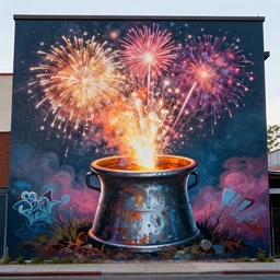 honey pot spewing fireworks as graffiti mural, hyperrealism, photo realistic, cinematic, masterpiece, trending on artstation