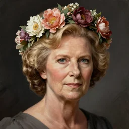 portrait sophie thatcher wearing a floral crown, olive skin, long blond hair, beautiful bone structure, dark background, intricate, elegant, highly detailed, digital painting, artstation, concept art, smooth, sharp focus, illustration, artgerm, rutkowski, mucha