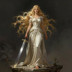 A beautiful Norse Goddess with long flowing blonde hair standing on a ledge with a blade in hand, fantasy, intricate, elegant, highly detailed, D&D, digital painting, artstation, concept art, matte painting, sharp focus, illustration, extremely moody lighting, glowing light and shadow, atmospheric, shadowy, cinematic, in the style of Greg Rutkowski and  artemisia gentileschi and Alphonse Mucha
