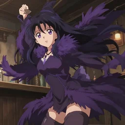 key anime visual portrait of a young female witch purple feathered robe in a tavern interior, dynamic pose, dynamic perspective, cinematic, dramatic lighting, muted colors, fine detail, textured, big detailed eyes, anatomical proportions