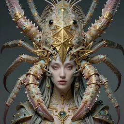 hyperrealistic detailed face portrait of the beautiful goddess of the giant isopods with an intricate golden ornamental geometrical giant isopod headdress, art by ernst haeckel, john william godward, android jones, h. r. giger, gothic - cyberpunk, ornamental, dimmed pastel colours,