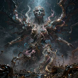 symbolism, chaos, consciousness, illusion, beautiful, random metallic colors, organism, divine, static, fluid, breathe, mythological, legends, dreams, nightmare, pantheon, void, abyss, cinematic lighting, 8 k, high resolution, photorealism, wide angle, cinematic atmosphere, elaborate, highly detailed, dramatic lighting, octane render