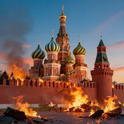 ruins of kremlin on fire, sharp focus, morandi color scheme, fantasy style, illustration, high quality, digital art, hyperrealism, octane render, 8 k wallpaper