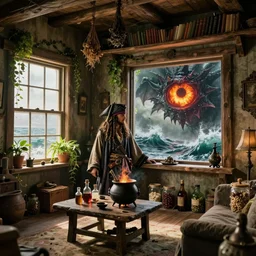 pirate captain living room interior in the middle of a stormy ocean, with a witch cauldron and bottles of potions and ingredients in jars, sunny, natural materials, rustic wood, window sill with plants, vines on the walls, dried herbs under the ceiling bookshelves, design. A giant dragon looking through the window. Fire. Gigantic dragon eye. Mordor