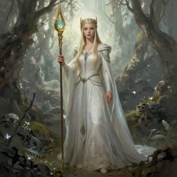 Galadriel in Lothlórien, art by John Howe and Brothers Hildebrandt, fantasy illustration