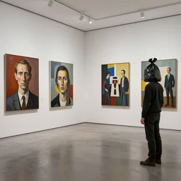 realistic detailed photo rendered in octane 3 d, an empty room in the style of constructivism, exhibition of paintings and man with trash bag on head, by francis bacon, by ayami kojima, by amano, by karol bak, greg hildebrandt, by mark brooks, by alex grey, by zdzisław beksinski, by takato yamamoto, wrapped thermal