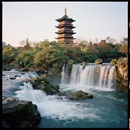 kodak portra 4 0 0 photo of detailed ancien chines tower, with waterfalls and river, golden hour, trending on pinterest, wide angle, 3 5 mm, sharp focus, soft light, volumetric light, in the style of gregory crewdson, masterpiece