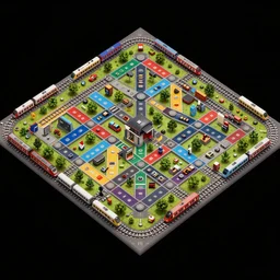 train puzzle game. square grid of tracks. black background. top down 3 d rendered colorful trains and stations. trending on artstation. arnold render.