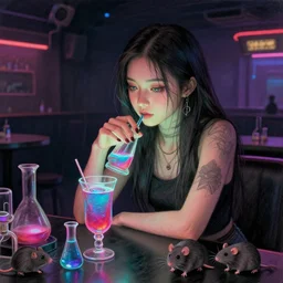 cyberpunk girl sitting and drinking in an empty nightclub, radioactive drinks, scientific glassware, rats, quiet night, volumetric lighting, detailed face, hyper real, pencil art, moody lighting, cute, comfy