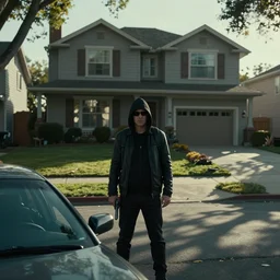 vfx movie scene, assassin waiting outside a house in his car, silenced pistol, beautiful wealthy residential street by emmanuel lubezki