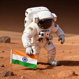An Indian astronaut planting the Indian flag on the surface of Mars, 3d render, digital art