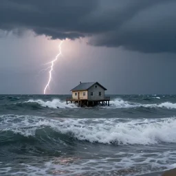 a lonely house in the middle of the sea, the waves crashing, an electric storm. soft light, hyper realistic, dramatic, 4 k.