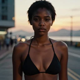 a beautiful gorgeous black edgy model girl with short hair, bikini, she's sad, sunset, street of hong kong, 8 0 mm lens, 1. 2 aperture, kodak 5 2 1 9, grainy image, close up, cinematic light, very detailed, depressing atmosphere, cover magazine