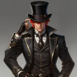 a highly detailed illustration of stylish top hat wearing red haired attractive man, wearing suit vest, cool flashy posing, intricate, elegant, highly detailed, centered, digital painting, artstation, concept art, smooth, sharp focus, league of legends concept art, WLOP